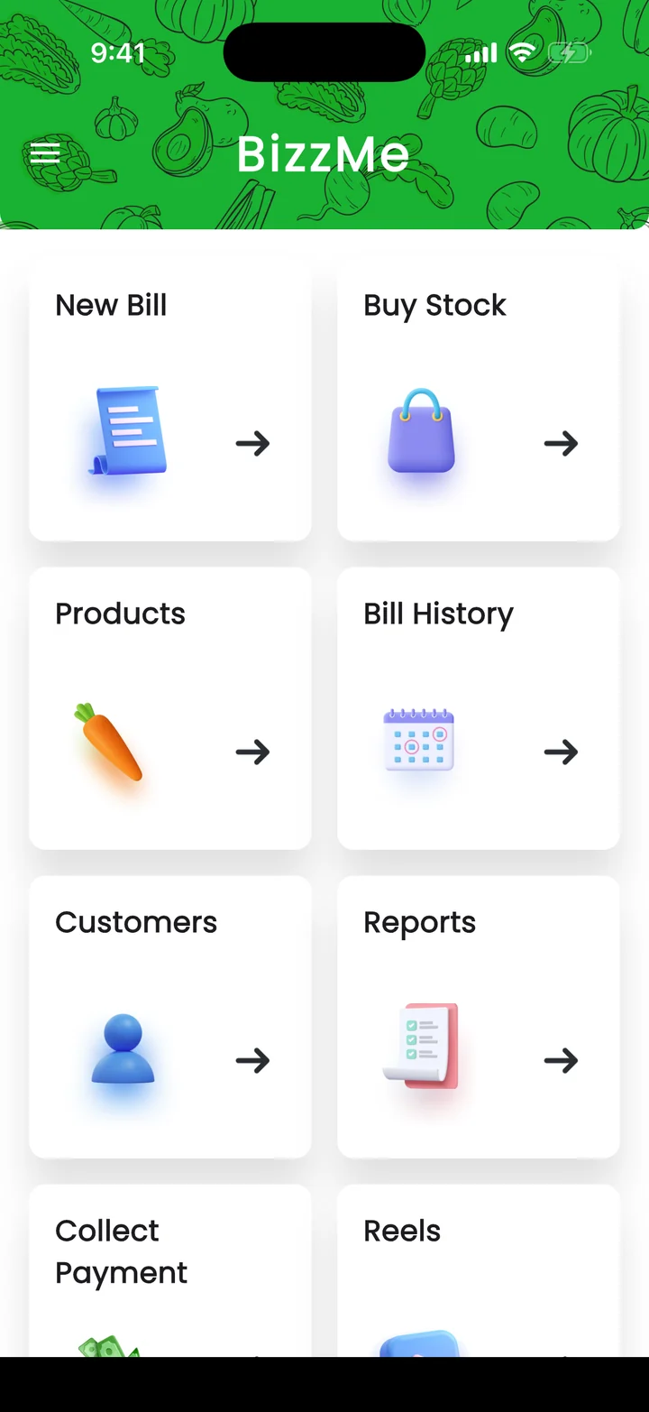 The BizzMe home screen, with New Bill, Buy Stock, Products, Bill History, Customers, Reports, Collect Payment and Reels