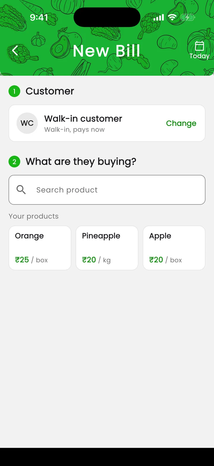 The New Bill screen: a walk-in customer is chosen and the shop's products are listed with their prices